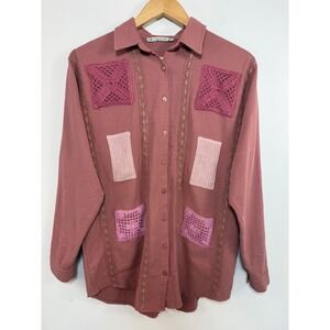 Saloon Patchwork Button Up Shirt Mauve Pink Crochet Lace Boho Artisanal Small